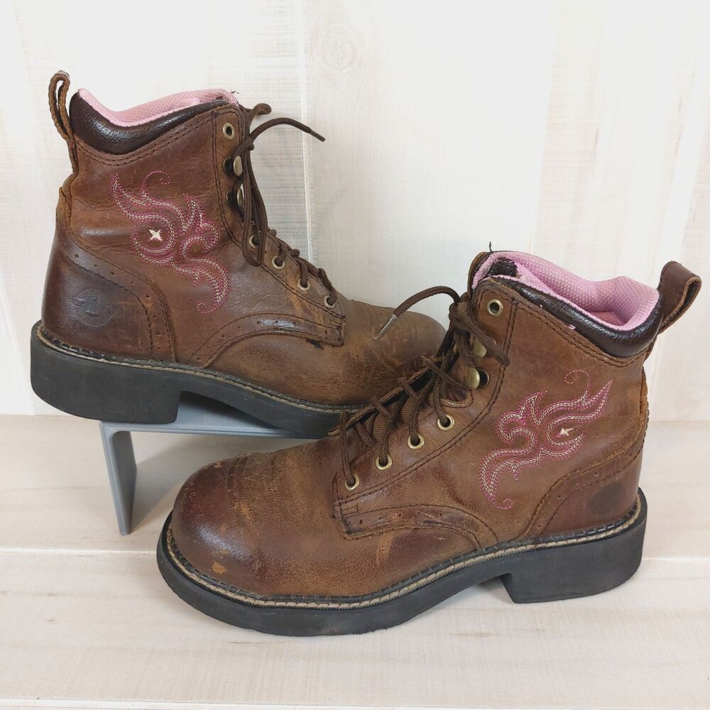 Justin Gypsy Steel Toe Work Lace Up Boots Women’s Size 7.5 Brown Pink WKL991